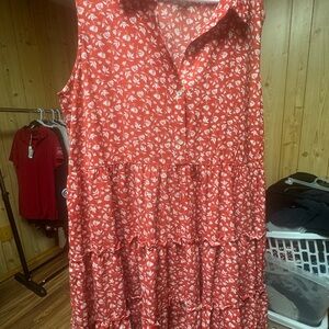 Sleeveless Red Floral Tiered Maxi Dress with Button Front